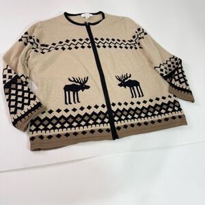 CJ Banks Cardigan Womens Size 3X Beige Brown Moose Fair Isle Zip Knit
